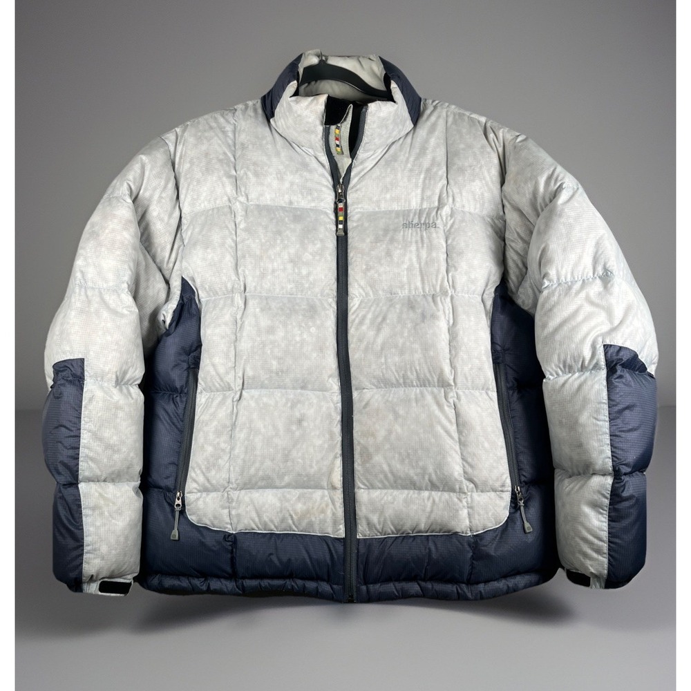 Sherpa Adventure Gear Goose Down Jacket Women XL Light Gray/Blue Puffer Full Zip